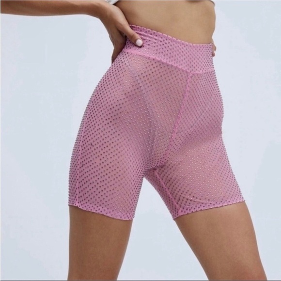 NWT For Love And Lemons Kiara Pink Mesh Studded Rhinestone Bike Shorts XXS Shine - Picture 3 of 5